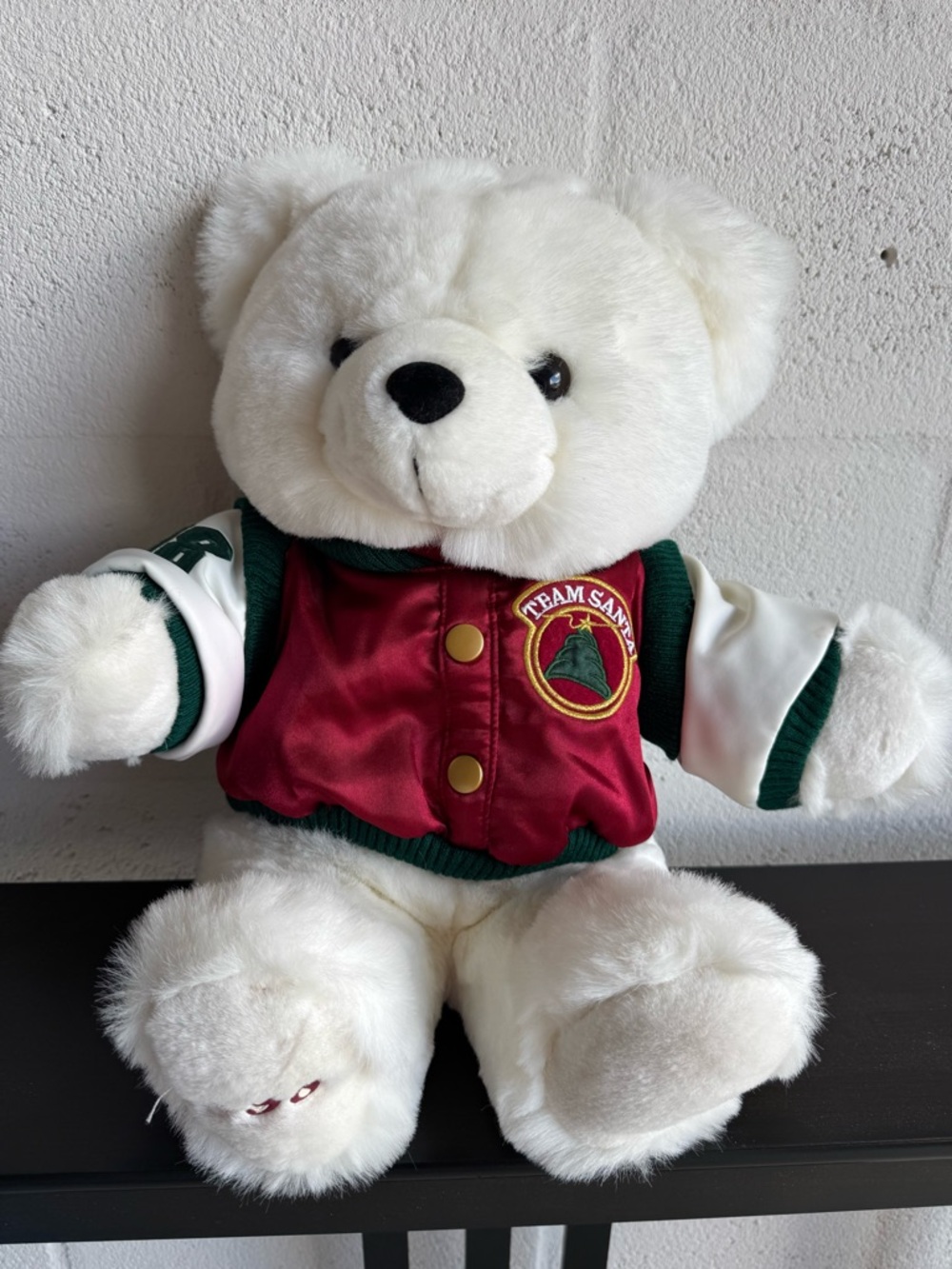 1998 Kmart Christmas Teddy Bear White Plush with Red Christmas Jacket Team Santa